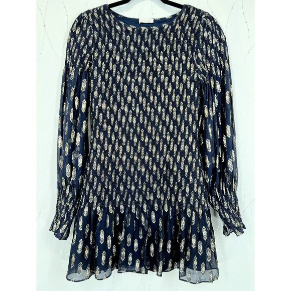 LoveShackFancy Scarlett Dark Navy Gold Smocked Mini Dress $375 - Picture 3 of 10